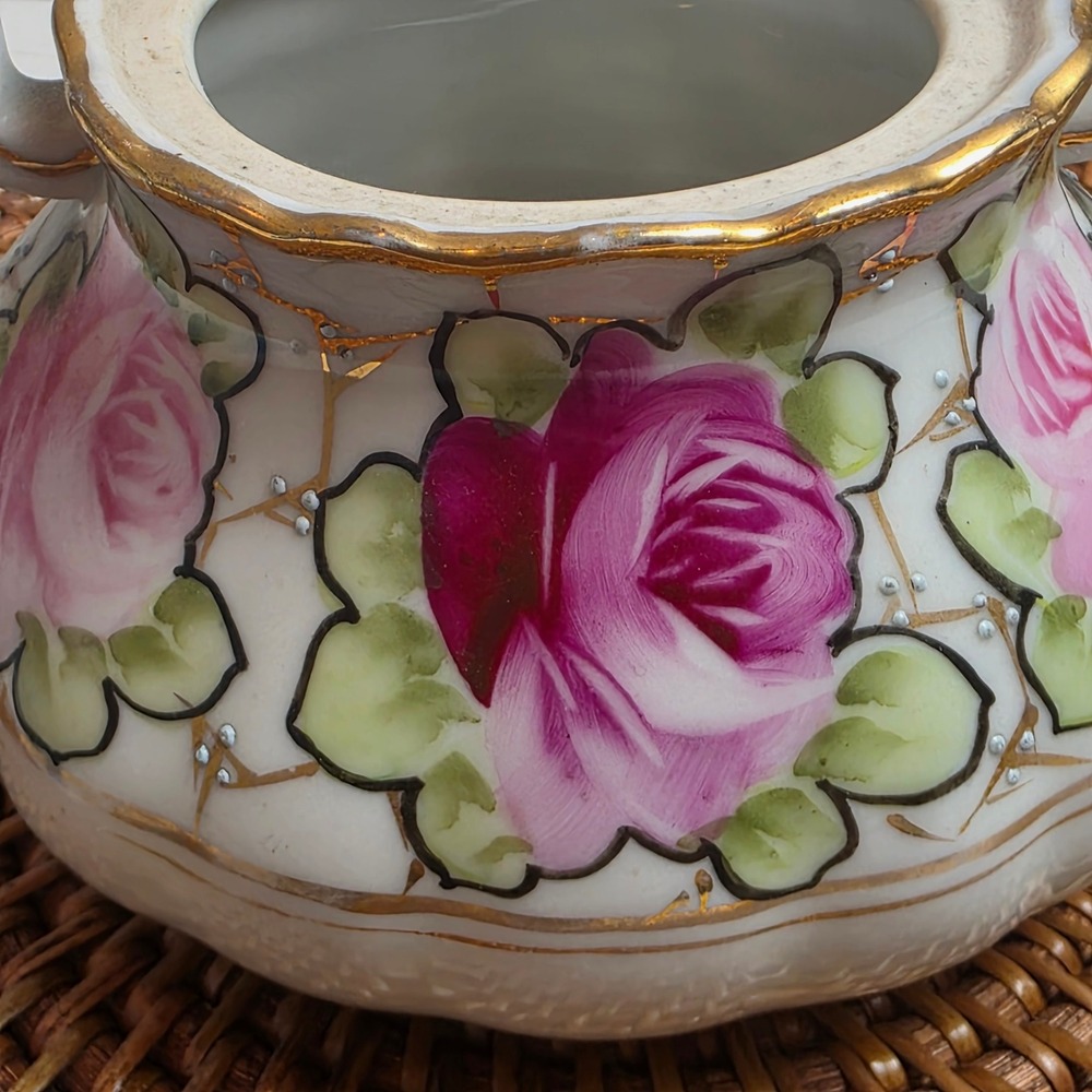 Antique 1890s Nippon Hand Painted Rose Porcelain Creamer & Sugar Bowl Set No Lid - Picture 11 of 16